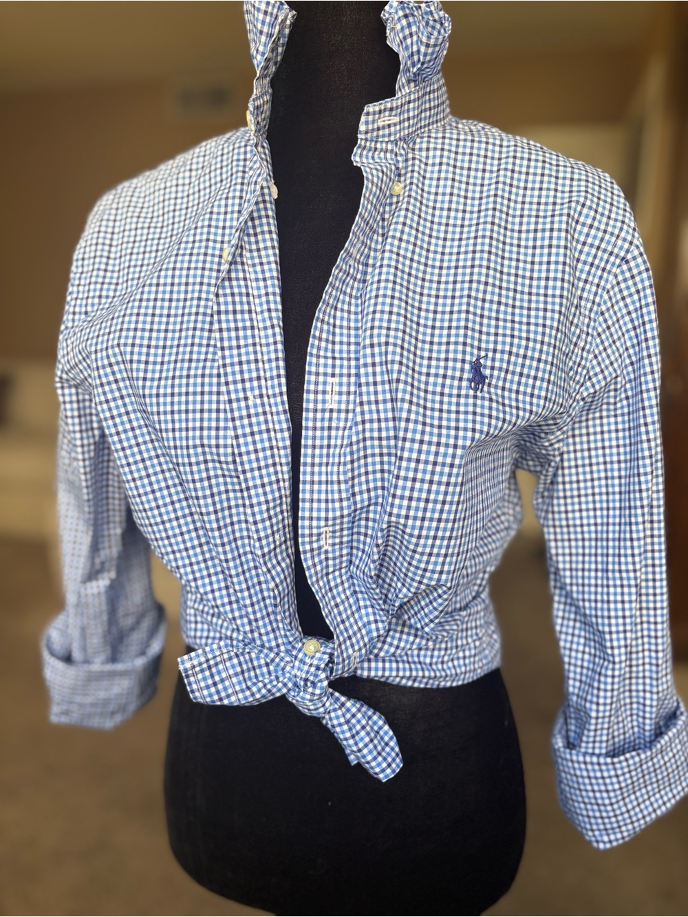 Reworked Ralph Lauren White and Blue Button-Down Shirt with ruffle collar size s - Picture 3 of 5